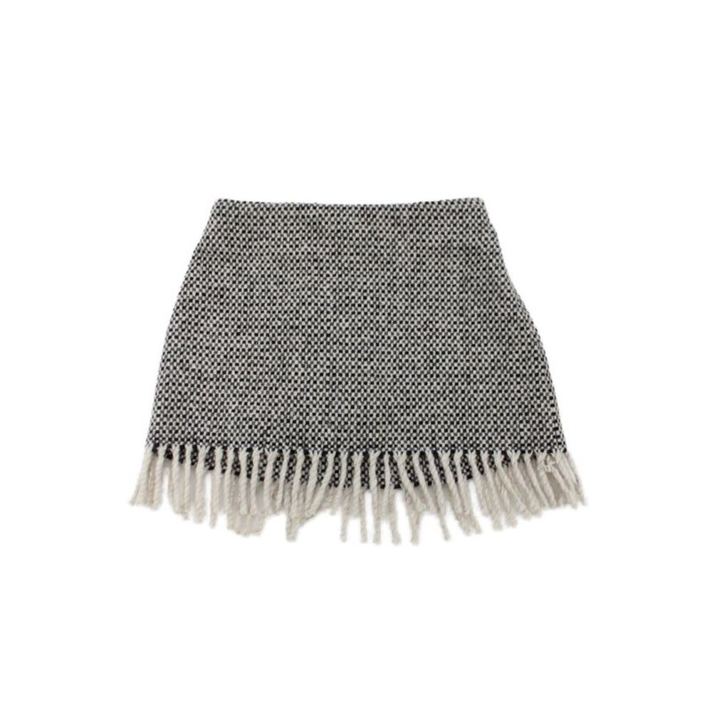 Il Gufo Girls Side Zip Knit Fringe Trim Skirt Gray White Cotton Size 3